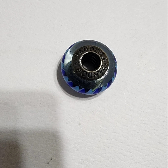 PANDORA Teal-Blue Stripes Murano Glass Sterling Silver Charm - Retired - Picture 4 of 8